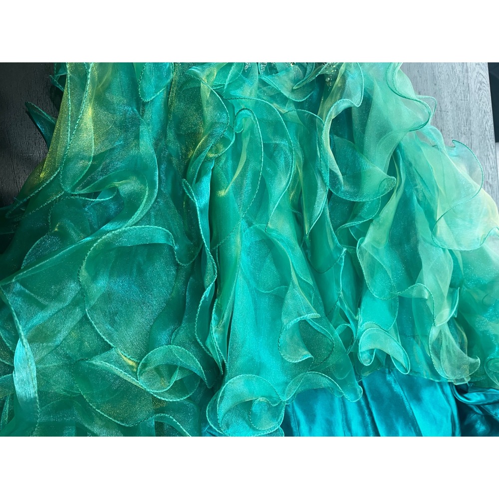 Emerald Green High Low Dress Sequin Crystal Embellished Ruffle Gown Strapless SM - Picture 13 of 17